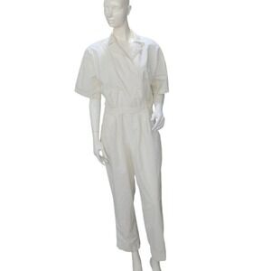 Vintage Como Sport White Cotton Utility Jumpsuit Short Sleeve L 14/16 90's